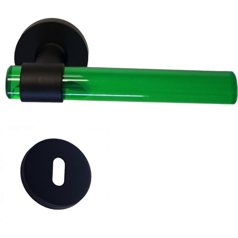 Image of Klose Besser - Coppia di maniglie per porte 'joy' Tubi in cristalina verde Piedini in acciaio inox nero +1 Coppia di rose con foro per la chiave