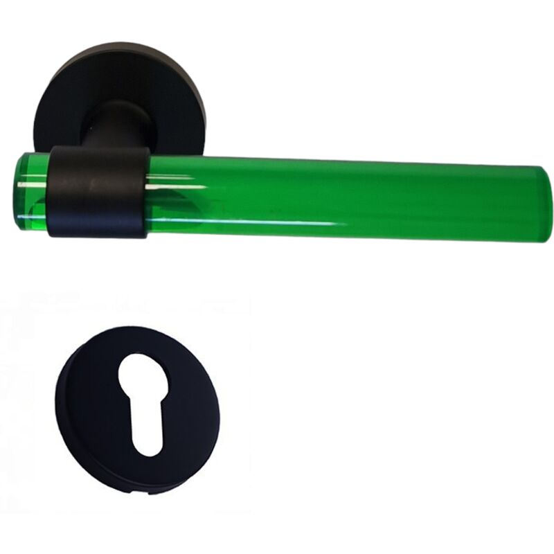 Image of Klose Besser - Coppia di maniglie per porte 'joy' Tubi in cristalina verde Piedini in acciaio inox nero + 2 rose a cilindro