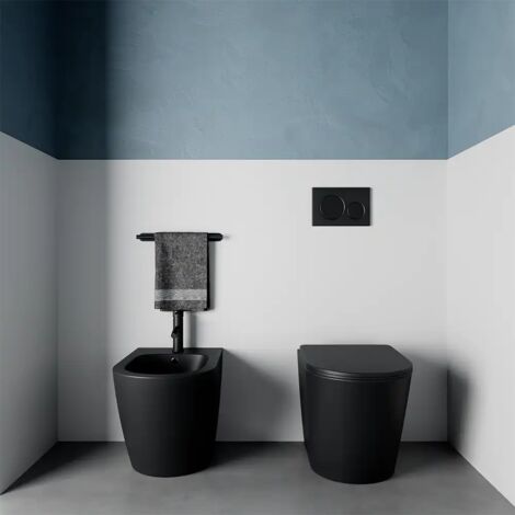 Coppia di Sanitari Filomuro in Ceramica Rimless Nero Opaco con Vaso, Bidet e Copriwc Soft-close Mod. Vienna