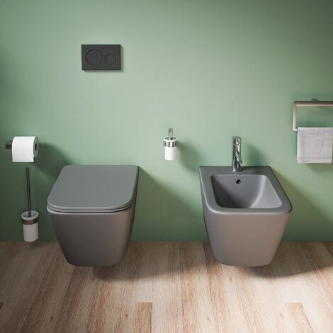 Coppia di Sanitari Sospesi in Ceramica Grigio Opaco Vaso Rimless con Sedile Soft-close e Bidet Mod. Kyoto