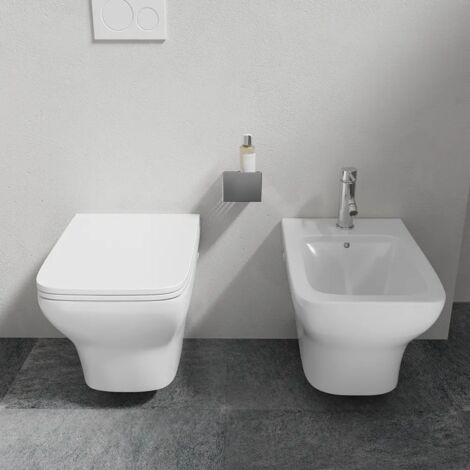Coppia di Sanitari Sospesi Rimless in Ceramica Bianca con Vaso, Bidet e Copriwc Soft-close Mod. Havana