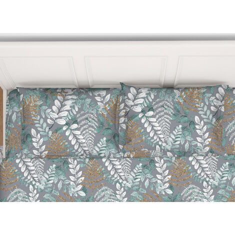 Coppia Federe Cuscino Letto 100% Cotone Disegno Foglie Bottoni Laterali