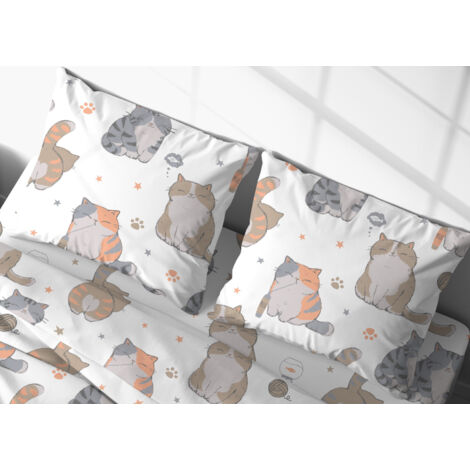 Coppia Federe Cuscino Letto Bottoni Laterali 100% Cotone Disegno Gatti 25 GI