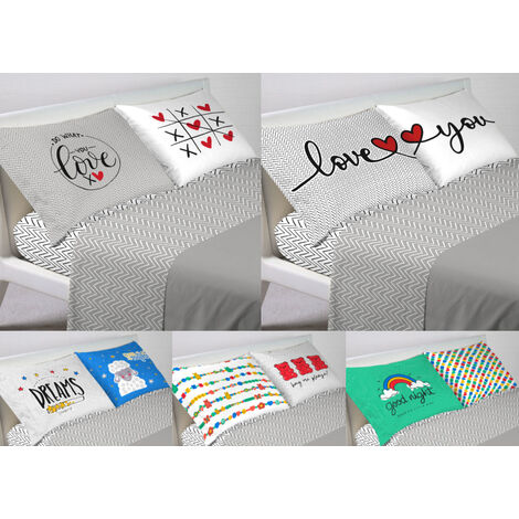 Coppia Federe Cuscino Letto Bottoni Laterali 100% Cotone Disegno Happy, misuraFederecoloreLove You