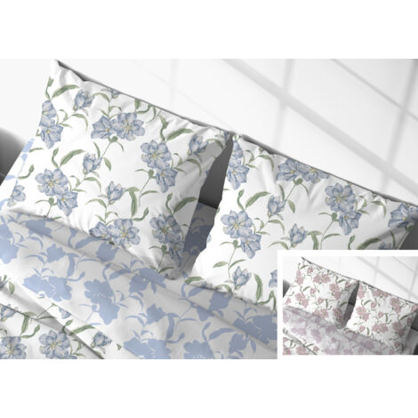 Coppia Federe Cuscino Letto Bottoni Laterali 100% Cotone Disegno Magnolia GI, misuraFederecoloreAzzurro