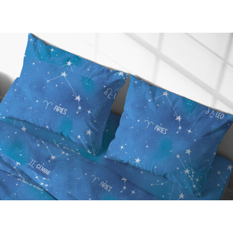 Coppia Federe Cuscino Letto Bottoni Laterali 100% Cotone Disegno Zodiaco GI