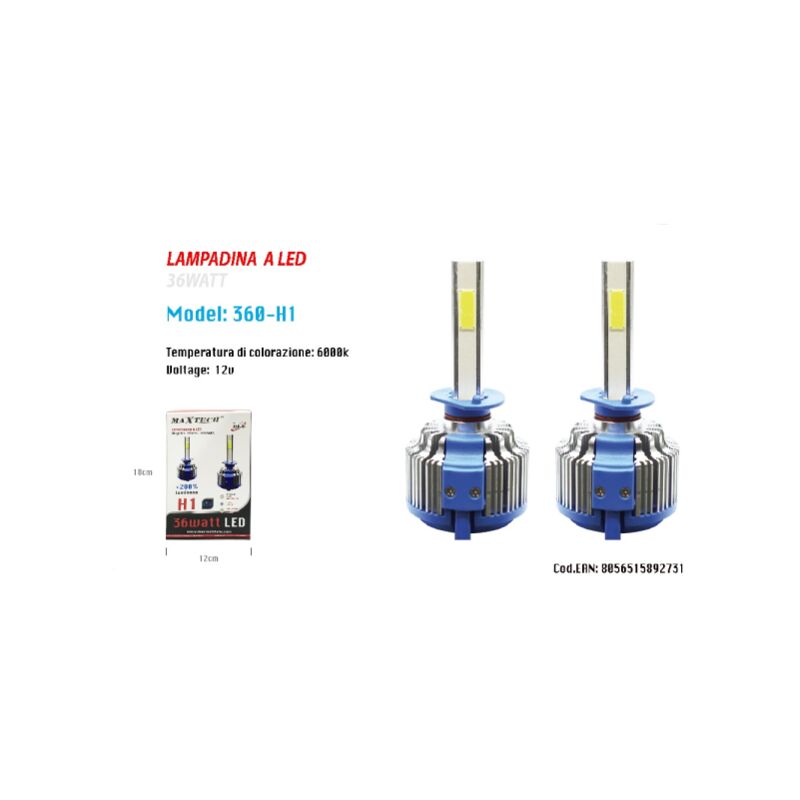 Image of Trade Shop - Coppia Lampade Led Auto Fari H1 Moto Kit Lampadine 36w 6000k Faro Maxtech 360-h1