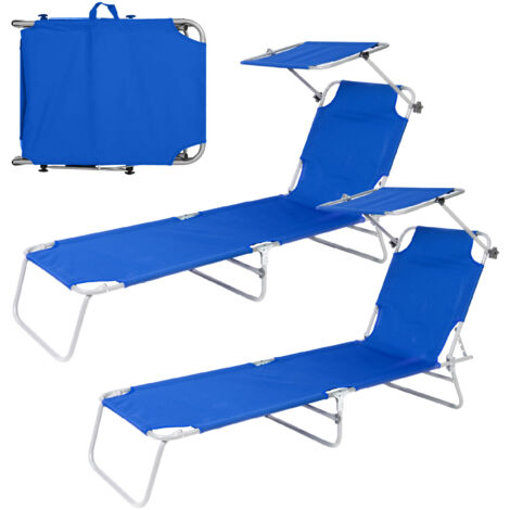 Coppia Lettini Prendisole Pieghevoli con Parasole Regolabile, Schienale Reclinabile in 4 Posizioni, Struttura in Acciaio Anti-Ruggine, Tessuto Impermeabile Anti-UV, Portata 110 kg Blu