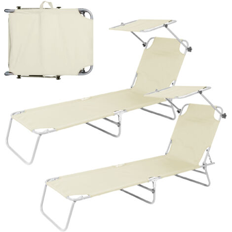 Coppia Lettini Prendisole Pieghevoli con Parasole Regolabile, Schienale Reclinabile in 4 Posizioni, Struttura in Acciaio Anti-Ruggine, Tessuto Impermeabile Anti-UV, Portata 110 kg Ecru