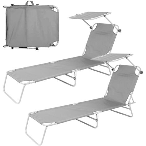 Coppia Lettini Prendisole Pieghevoli con Parasole Regolabile, Schienale Reclinabile in 4 Posizioni, Struttura in Acciaio Anti-Ruggine, Tessuto Impermeabile Anti-UV, Portata 110 kg Grigio