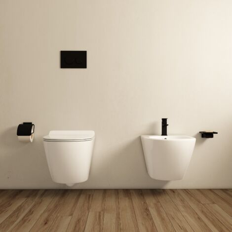 MEDAHOME Coppia Sanitari Sospesi Senza Brida e Sedile Soft-Close Bianco Lucido Perla 55 - Meda