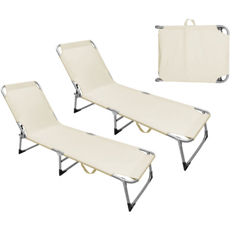 Coppia Set 2 Pezzi Lettino Prendisole Struttura In Alluminio Anodizzato Schienale Regolabile Pieghevole Professionale Tessuto Textilene Impermeabile Resistente Raggi Uv  Beige