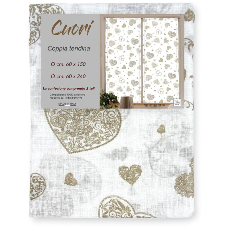 Coppia Tendina A Vetro Cuore Beige Larga Cm. 60 Da Finestra E Da Po...
