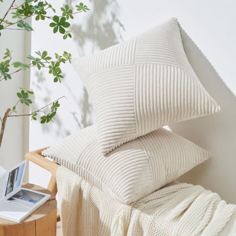 Copricuscino 40x40 Bianco Crema in Velluto a Coste Super Morbido, Set di 2 Copricuscini Decorativi per Divano Motivo Patchwork a Righe Decorazione per la Casa Soggiorno Camera da Letto per Divano Bohe