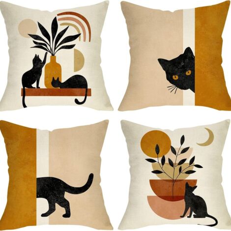 Copricuscino Boho 40x40 Set di 4, Federa decorativa astratta con gatto nero, pianta, sole e luna, moderna, minimalista, estetica, in lino, per divano, arredamento per la casa