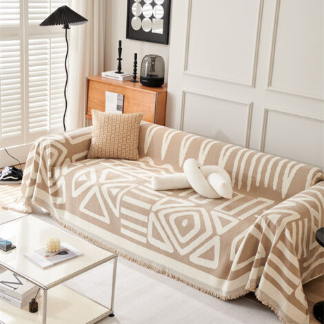 Copridivano angolare, Copridivano 4 posti, Copridivano in ciniglia, Copridivano angolare con nappe decorative, Antirughe, Boho Beige, 180x380 cm
