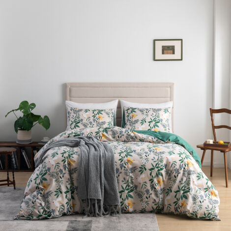 Copripiumino 200x230 Set biancheria da letto con motivo floreale botanico beige foglie verdi in microfibra con cerniera - Biancheria da letto reversibile per adulti con 2 federe 50x75 cm