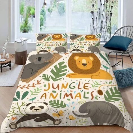 Copripiumino per bambini 140x200 cm, animali della giungla multicolore, morbido, 2 federe 50x75 cm, per ragazzi