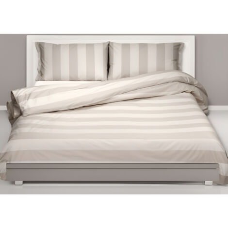 Copripiumino Rigato Francese Panna Tortora - 100% Cotone - Elegante, Made in Italy, Artigianale Cm. 250x200