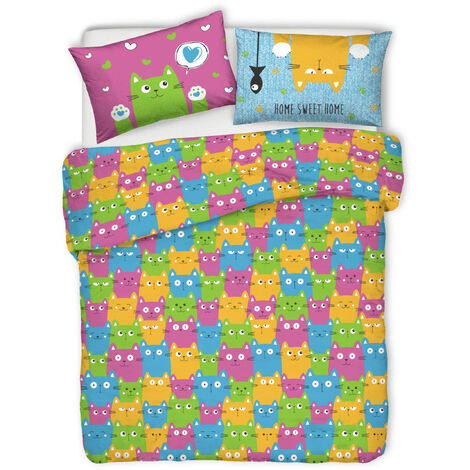 Copripiumino Sacco Piumone Pensieri Delicati Cotone Disegno Happy Cat Multicolor, misuraSingolocoloreMulticolor