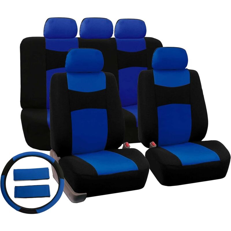 Image of Lupex Shop - Coprisedili per auto universali mod. A18 con copri volante e cintura, colore Blu Royal/Nero