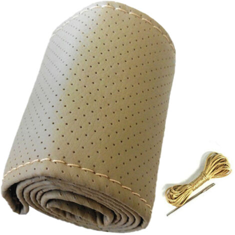 Coprivolante universale per auto, cucito a mano, in pelle microfibra traforata, per volanti di diametro 38 cm, beige.