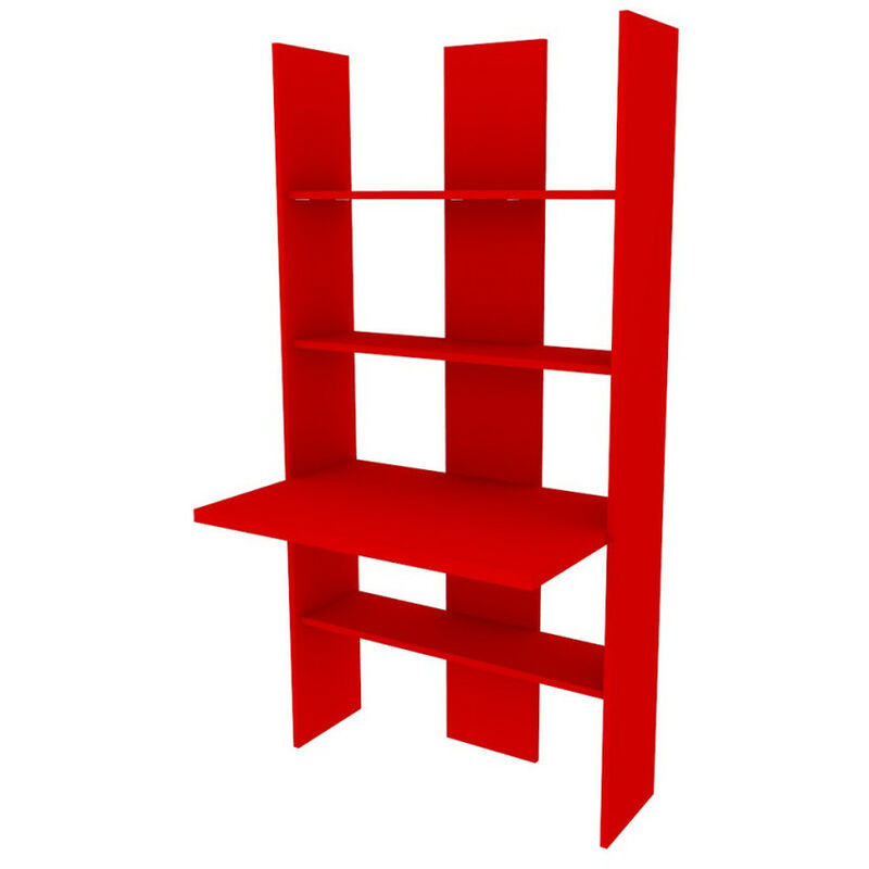 Bibliothèque avec bureau intégré : spacieuse, robuste et facile à monter - Rouge