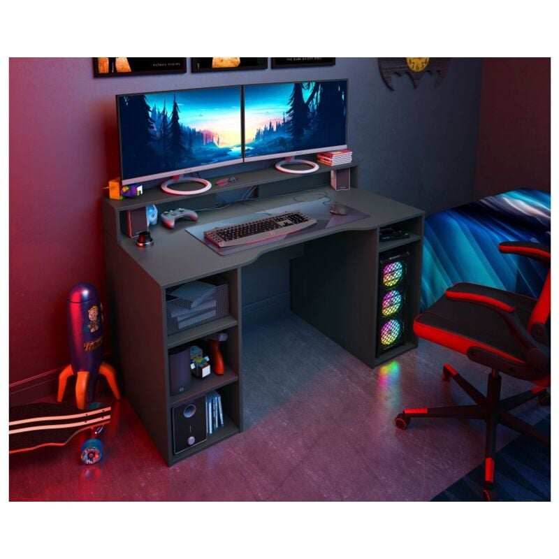 Bureau gamer 136x88 cm gris anthracite avec étagères - Danzica
