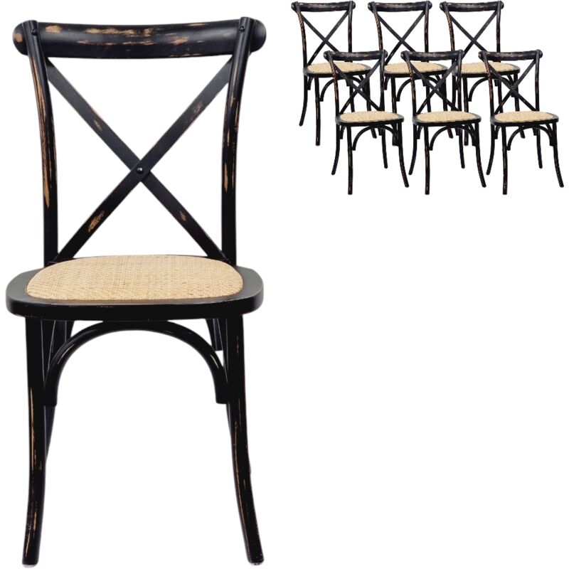 x 6 Chaise en bois à dossier croisé Noir Antique Rétro Pub Paille Pompéi