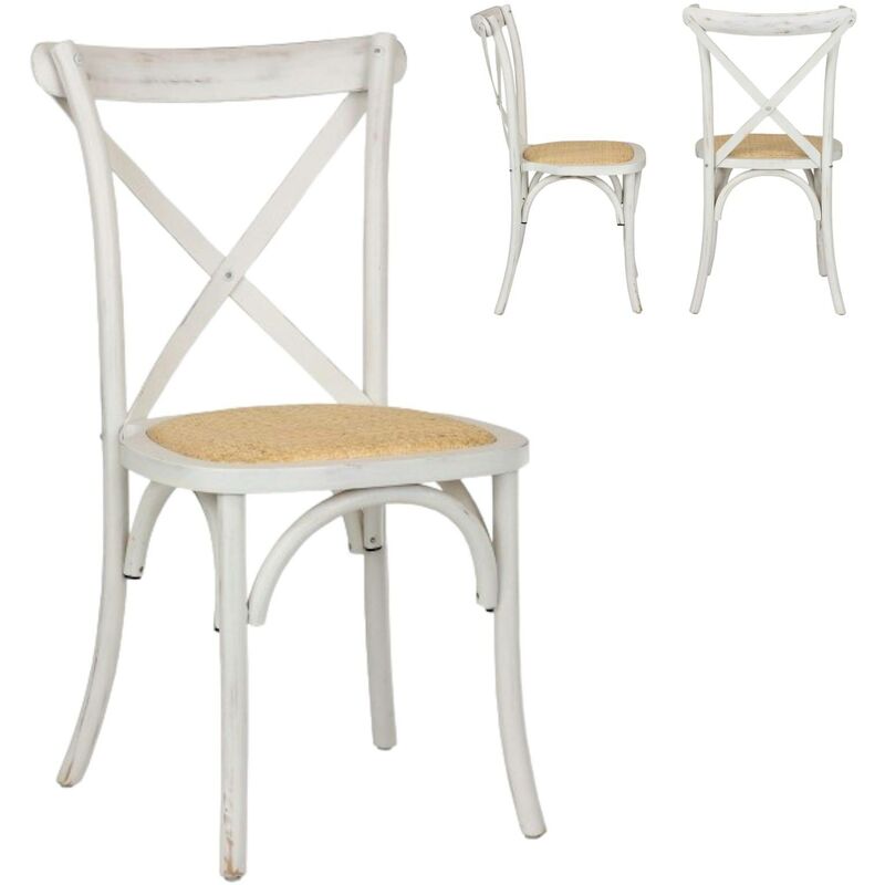 Ws Design - Chaise en bois dossier croisé blanc antique rétro siège pub paille Pompéi