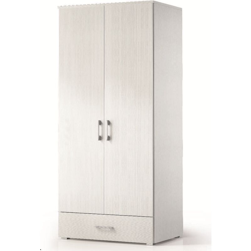Kleiderschrank 90x198H cm Esche weiß mit zwei Türen und einer Schublade | weiß