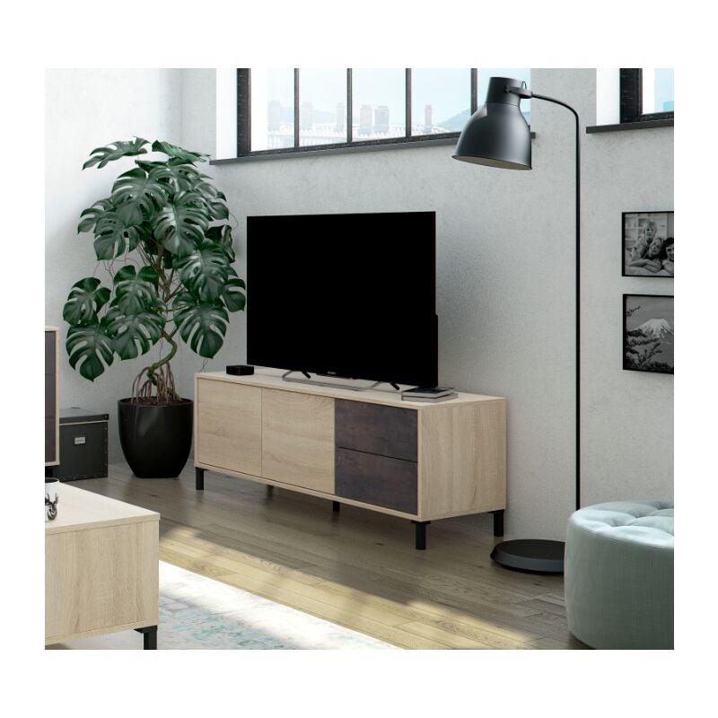Meuble tv 130x41x47 cm oxyde et chêne canadien avec deux portes et deux tiroirs - Mineo