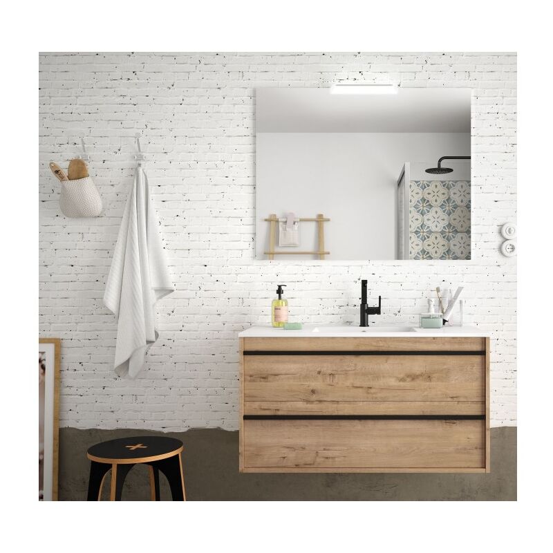 

Mueble de baño suspendido 100 cm Nevada de madera Roble Ostippo con lavabo de porcelana | 100 cm - Con columna