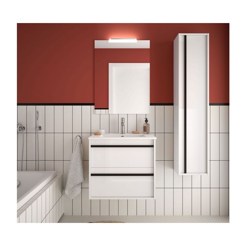 

Mueble de baño suspendido 60 cm Nevada de madera Blanco brillante con lavabo de porcelana | 60 cm - Con columna, espejo y lámpara LED