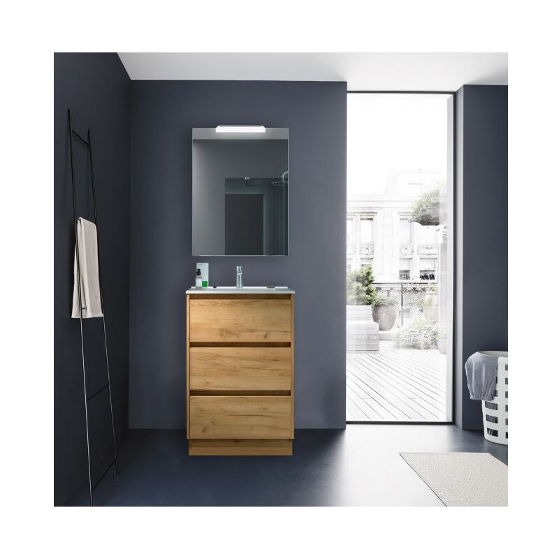 

Mueble de baño de pie 60 cm en madera Roble Eternity con lavabo de porcelana | 60 cm - Con Doble Columna, Espejo y Lámpara Led