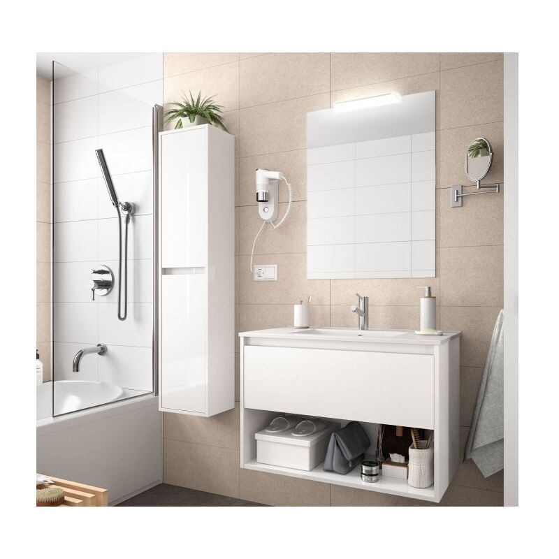 

Mueble de baño suspendido 60 cm de madera Blanco brillante con un cajón y un compartimento | 60 cm - Con columna