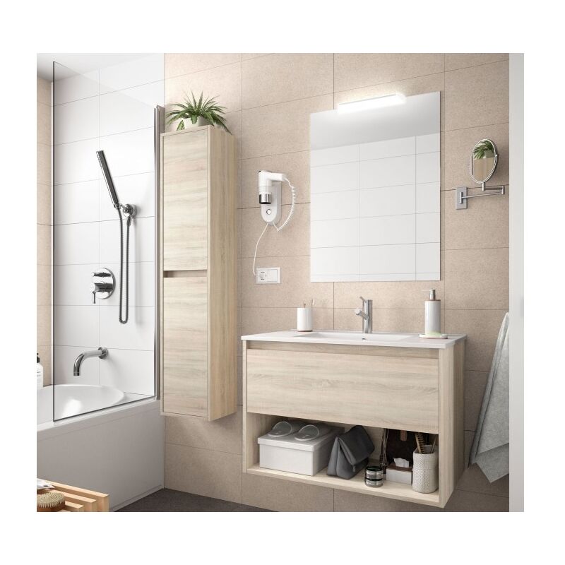 

Mueble de baño suspendido 60 cm de madera Roble Caledonia con un cajón y un compartimento | 60 cm - Con espejo y lámpara LED