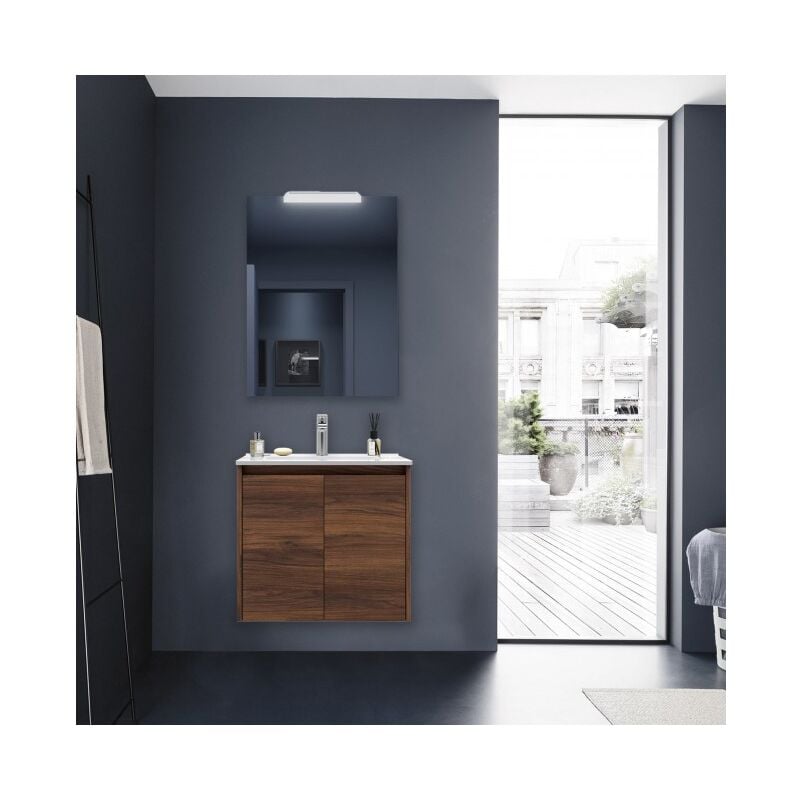 

Mueble de baño suspendido 70 cm Roble Eternity con dos puertas | 70 cm - Con columna, espejo y lámpara LED