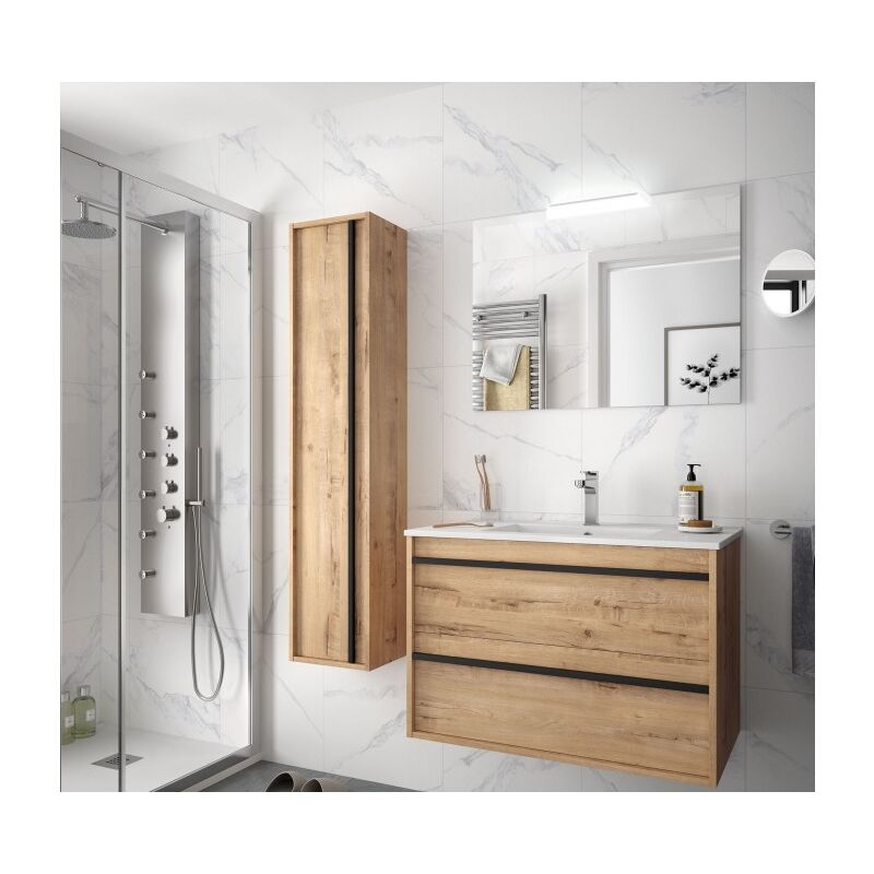 

Mueble de baño suspendido 80 cm Nevada de madera Roble Ostippo con lavabo de porcelana | 80 cm - Con columna, espejo y lámpara LED