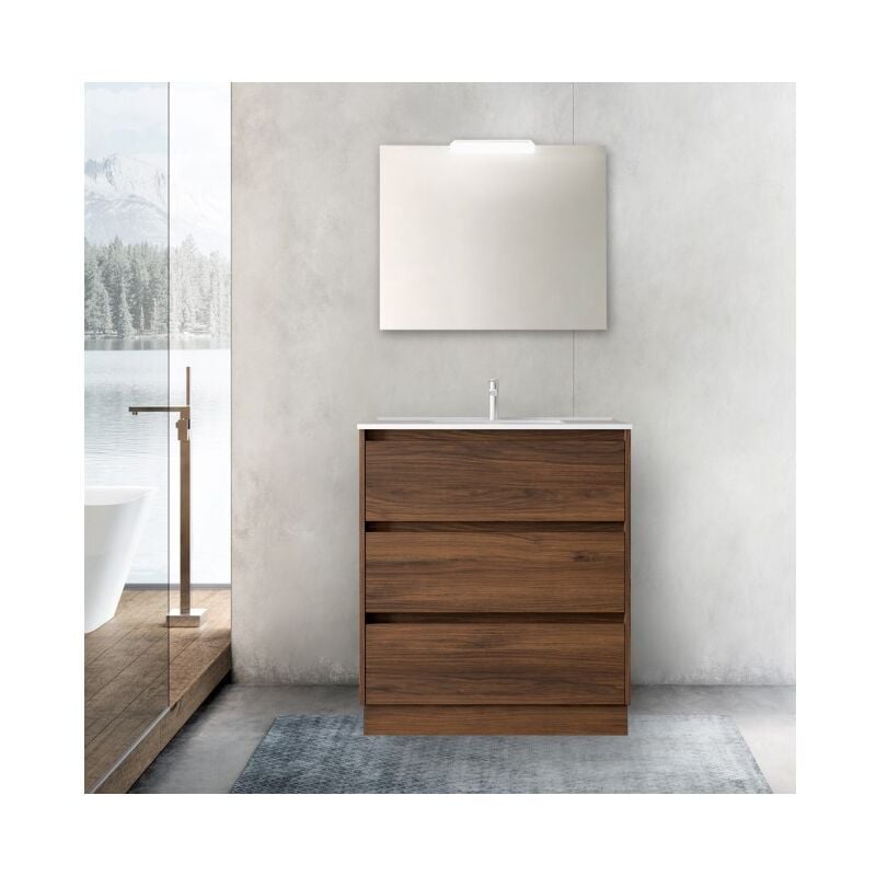 

Mueble de baño de pie 80 cm Roble Eternity con lavabo de porcelana | 80 cm - Con Doble Columna, Espejo y Lámpara Led