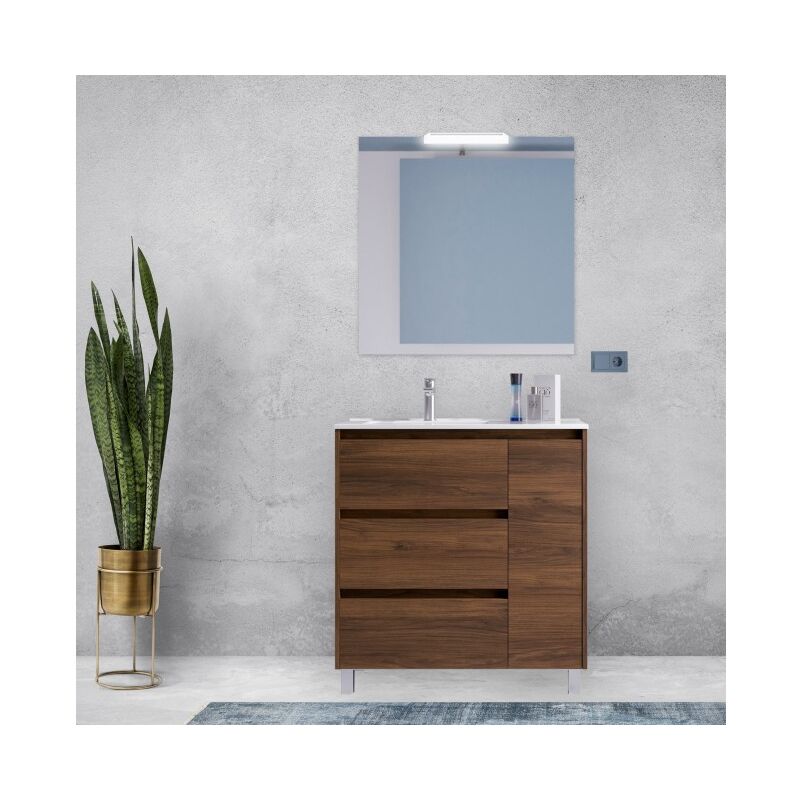

Mueble de baño de pie 85 cm de madera Roble Eternity con lavabo de porcelana | Con columna, espejo y lámpara LED - 85 cm