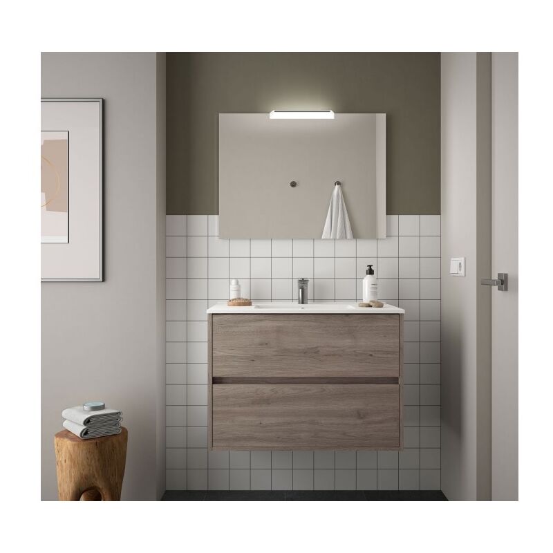 

Mueble de baño suspendido 90 cm de madera Roble Eternity con lavabo de porcelana | 90 cm - Con Doble Columna, Espejo y Lámpara Led