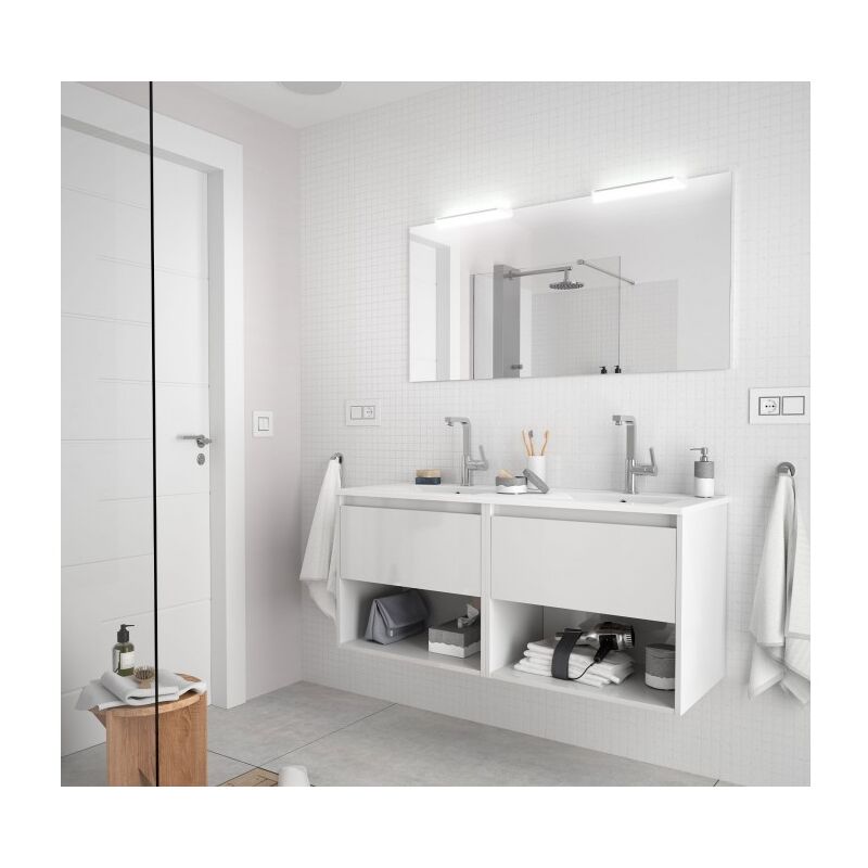 

Mueble de baño suspendido 120 cm de madera Blanco brillante con dos cajones y dos compartimentos | 120 cm - Con doble espejo y LED