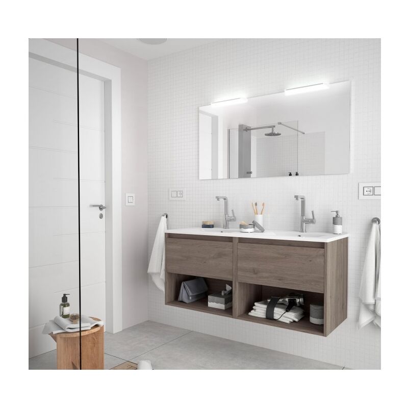 

Mueble de baño suspendido 120 cm de madera Roble Eternity con dos cajones y dos compartimentos | 120 cm - Con doble columna