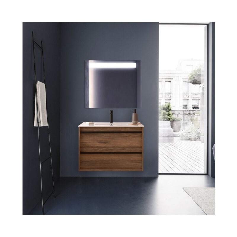 

Mueble de baño suspendido 80 cm Nevada de madera Roble Eternity con lavabo de porcelana | 80 cm - Con columna, espejo y lámpara LED