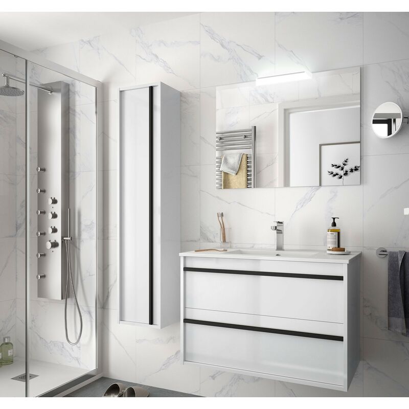 

Mueble de baño suspendido 80 cm Nevada de madera Blanco Brillante con lavabo de porcelana | 80 cm - Con columna