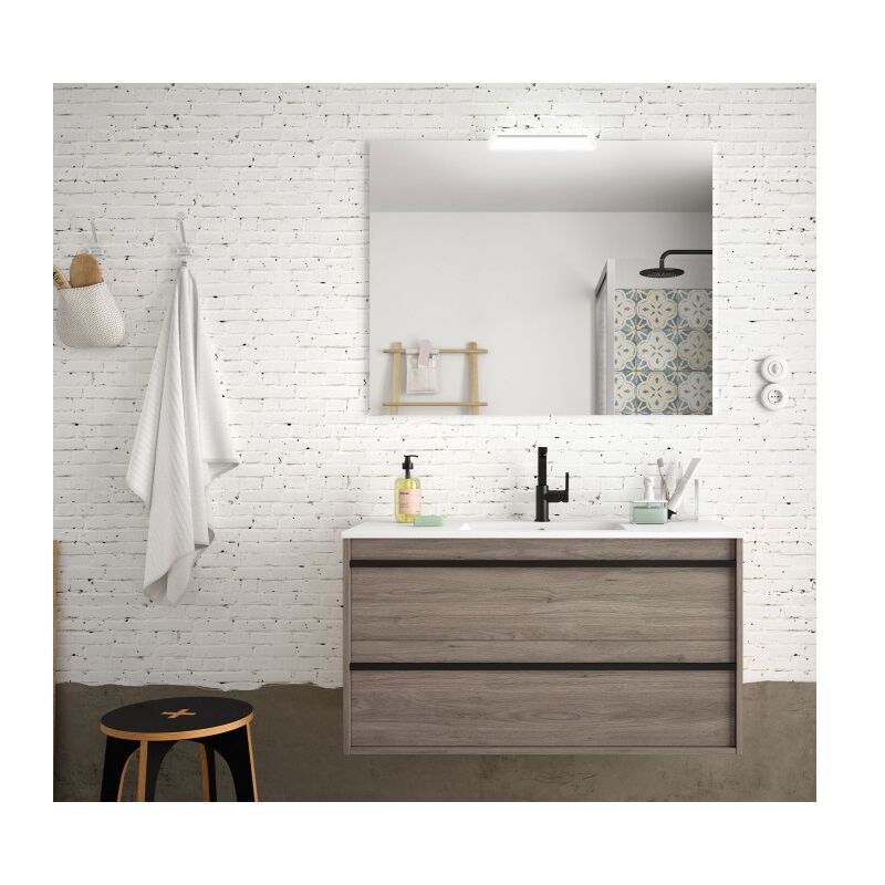 

Mueble de baño suspendido 100 cm Nevada de madera Roble Eternity con lavabo de porcelana | 100 cm - Con espejo y lámpara LED