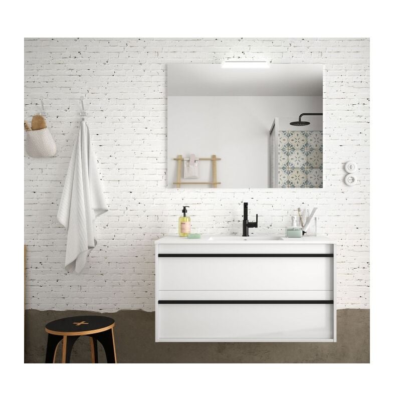 

Mueble de baño suspendido 100 cm Nevada de madera Blanco brillante con lavabo de porcelana | 100 cm - Con espejo y lámpara LED