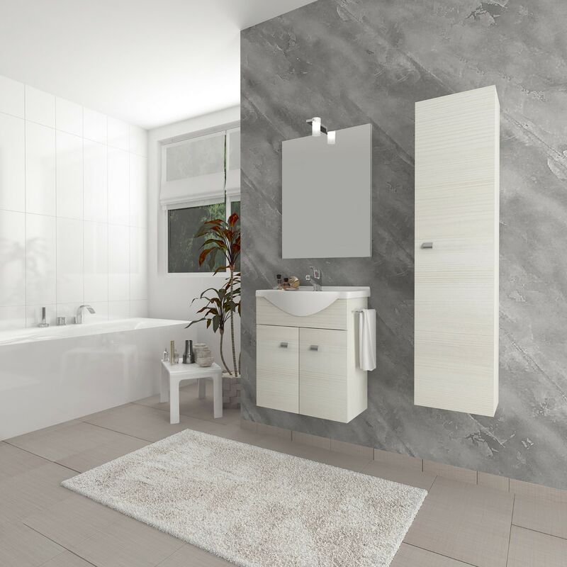 

Mueble de baño suspendido 55 cm de madera roble blanco con lavabo de cerámica y espejo con lámpara Led | Con espejo y lámpara LED - 55 cm - Roble