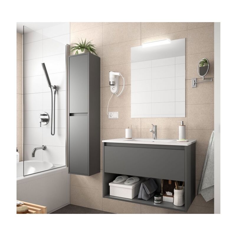 

Mueble de baño suspendido 100 cm de madera Gris Mate con un cajón y un compartimento | Con columna, espejo y lámpara LED - 100 cm